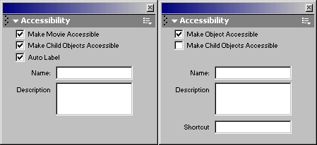 Two views of the Flash MX accessibility panel. Details below.